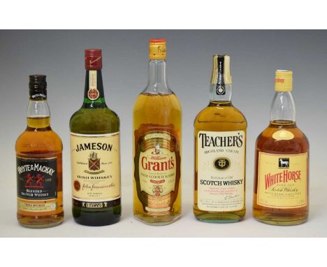 Jameson's Irish Whiskey, one litre bottle, White Horse Fine Old Scotch Whisky, Grant's Finest Scotch Whisky, Teacher's Highla