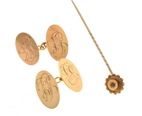Pair of 9ct gold cufflinks, the oval panels monogrammed, Birmingham 1919, cased, together with a ruby set yellow metal stick 