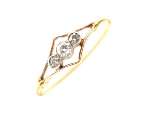Three-stone diamond ring, the three small old-cut diamonds within an openwork frame, the yellow metal shank indistinctly stam