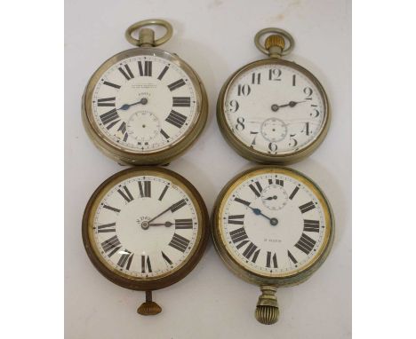 Three early 20th century silver plated 'Goliath' pocket watches, all with white enamel Roman dials with seconds subsidiary, t