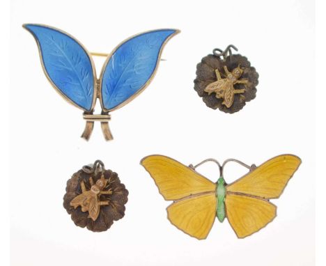 David Andersen blue enamel leaf brooch, 37mm wide approx, together with a yellow enamel decorated silver butterfly brooch, 38