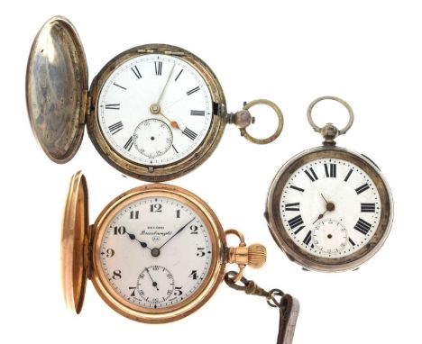 Late Victorian silver cased full hunter pocket watch, the white enamel Roman dial with subsidiary dial and gilt hands, engine