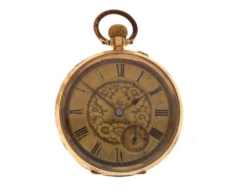 Late 19th / early 20th century lady's Swiss yellow metal (18K) open face fob watch, the gilt chapter ring Roman dial with sec