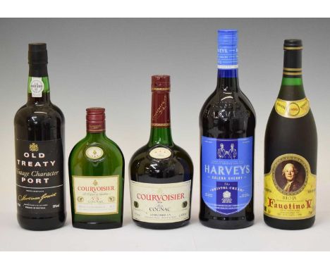 Old Treaty Vintage Character Port, together with two bottles of Couvoisier cognac, Faustino V Rioja and 1 litre bottle of Har