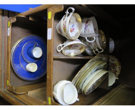 A Hammersley gilt and floral decorated tea service 16 pieces, other teawares, and Wedgwood powder blue butterfly pattern plat