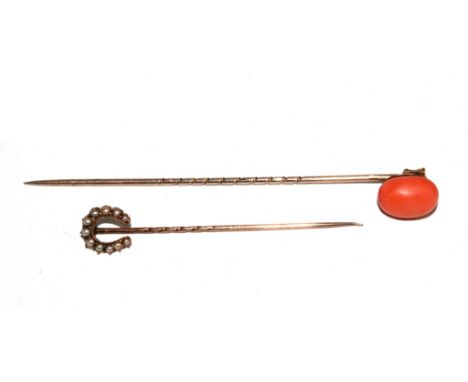 A coral stick pin and a seed pearl pin