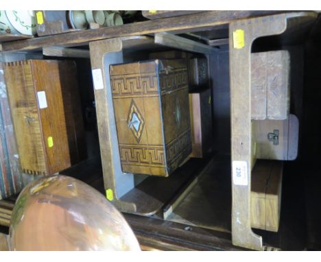 A Victorian inlaid walnut sewing box, various other boxes and a pair of kitchen scales