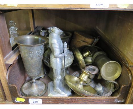 A Chinese brassware tea caddy, chamber sticks and other brassware