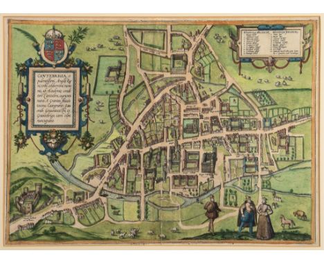 Kent.- Braun (Georg) and Franz Hogenberg - Cantebrigia [Canterbury] bird s-eye plan of Canterbury, with figures and decorativ