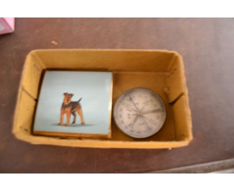 BOX CONTAINING A COMPASS AND A COMPACT WITH TERRIER PICTURE TO FRONT