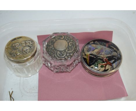 SMALL PLASTIC BOX CONTAINING TWO SMALL CUT GLASS BOXES WITH METAL LIDS AND FURTHER LID WITH AN ENAMEL DESIGN OF A KOOKABURRA