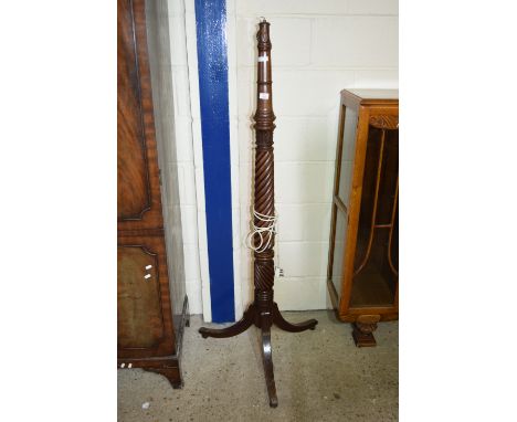 HEAVILY CARVED STAINED WOOD LAMP STANDARD RAISED ON TRIPOD LEGS, HEIGHT APPROX 160CM