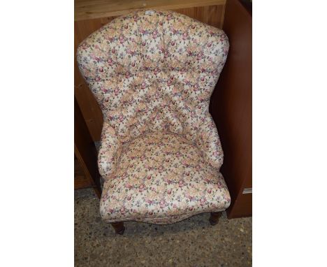 FLORAL UPHOLSTERED MAHOGANY FRAMED BUTTON BACK CHAIR, HEIGHT APPROX 93CM
