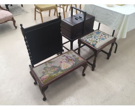 1940s stools; together with a fire screen and a sewing box