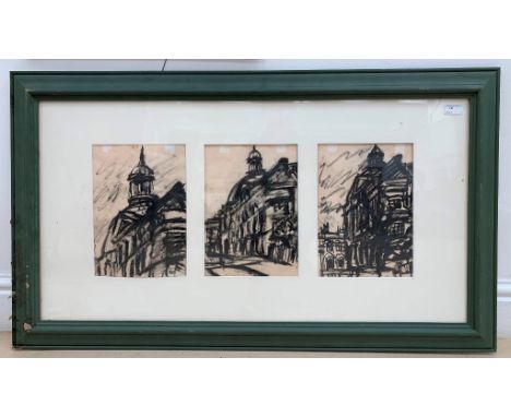 A single-mounted montage of three architectural studies, charcoal, unsigned, each study approx. 30 x 20 cm