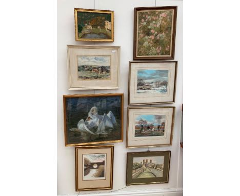 Eight pictures to inc a pair of hand-signed landscape prints by Michael Barnfather, a signed etching &amp; aquatint, Kennet &