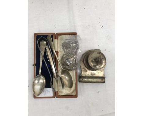 A HM silver inkwell; together with brooches, flatware, pen etc