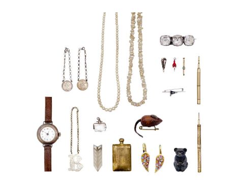 A selection of costume jewels etc. To include an irregular bead pearl necklace with 9ct T bar and ring clasp, length 43cm; a 