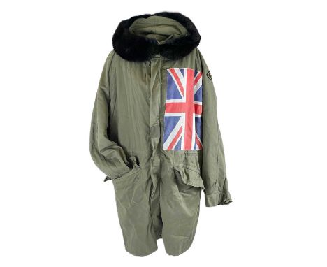 A Mods late 1970's ex military-issue Parka coat. With applied fur trim to the hood, MODS embroidered badge and two Union Jack