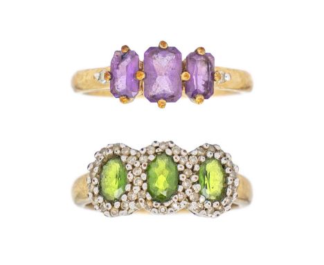 Two gem and diamond set dress rings. One set with three amethyst flanked by two tiny diamonds, size P 1/2, the other with thr