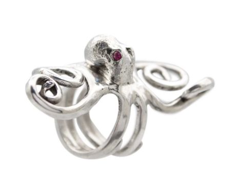 A .999 fine silver 'Port & Starboard Newlyn Octopus' ring by James Suddaby. The eyes set with a small emerald and ruby, size 