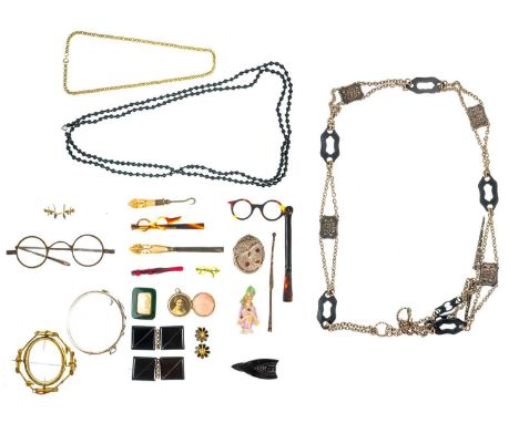 A selection of costume jewellery and objets d'art.  To include a silver bangle, a Victorian silver locket, an Art Deco steel 