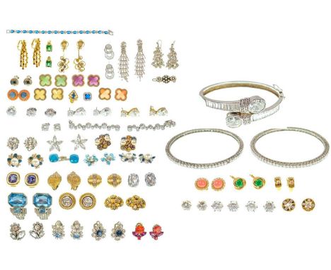 A collection of paste set costume jewellery. Including a silver hinged bangle stamped 925, two white metal bangles, and vario