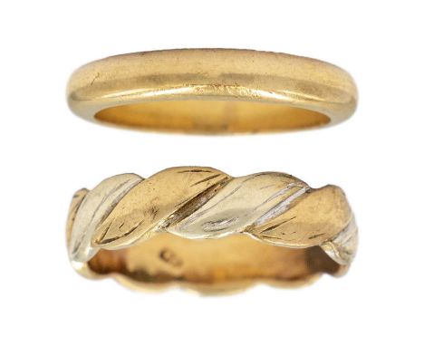 A 9ct band ring and a bi-colour gold band ring. The D-section band ring hallmarked Birmingham 1966, size L; the twist band ri