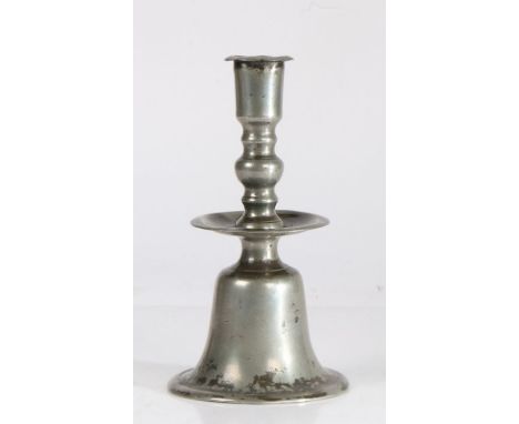 An exceptionally rare and fine Elizabeth I/James I pewter bell-based candlestick, circa 1580-1620Having a straight-sided sock