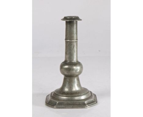 A rare and fine William & Mary pewter ball-knop candlestick, circa 1690With depressed flange, pillar stem with fine incised l