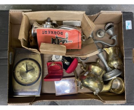 Mixed Collection of items to include brass 3-piece tea service, mid-century metamec mantleclock, porkert meat grinder, ladies