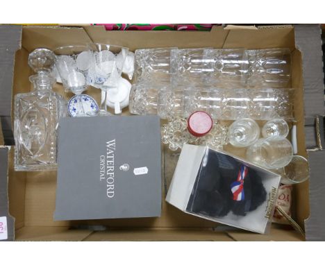 A mixed collection of items to include of Glassware inckuding decanter, Waterford mantel clock etc 