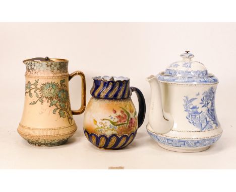 Carlton Blush ware Willow Teapot  &amp; Two Metal Fitted Jugs with floral decoration, by Wiltshaw &amp; Robinson, c1900, heig