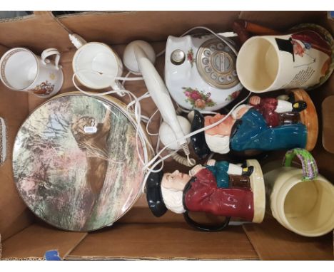 A mixed collection of ceramic items to include Royal Albert Old Country Roses Telephone, Crown Devon musical tankards, decora