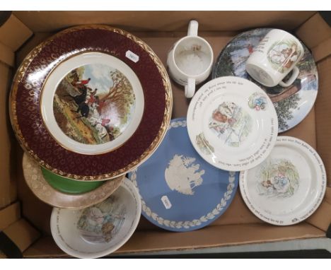 A mixed collection of ceramic items to include Wedgwood beatrix Potter nursery ware items, jasperware plate, decorative wall 