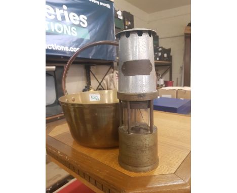 A vintage brass Jam pan together with Brass &amp; Aluminium Minors safety lamp (glass broken) 