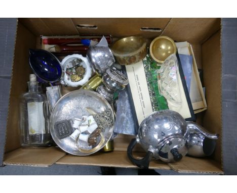 A mixed collection of items to include Harmonica 64 Chromonica Hohner, Brass Change pots, Silver Plated Teapot etc 