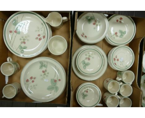 Wedgwood Raspberry cane tea and dinner ware to include dinner plates, rimmed bowls, cups, saucers ( 2 trays) 