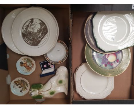 A mixed collection of ceramic items decorative wall plates, palissy pin dishes, Staffordshire type dog etc (2 trays) 