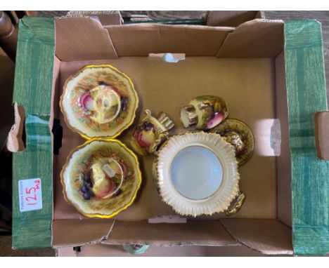 Aynsley Orchard gold pattern items to include lidded and footed pot, two small bowls &amp; two small vases (wear to guilt) 
