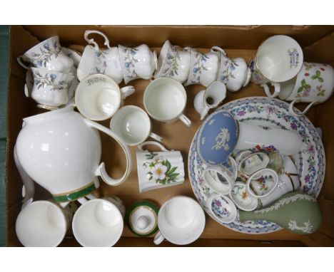 A mixed collection of items to include Royal Albert Brigadoon coffee cups and saucers, Wedgwood wild strawberry mugs and cups