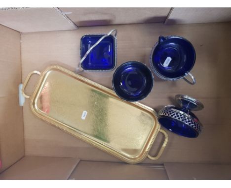 4 piece white metal and bristol blue glass service ware items together with gold plated serving tray 