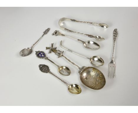 A collection of novelty and unusual silver cutlery, comprising a teaspoon with roundel depicting ten dog heads, James Fenton 