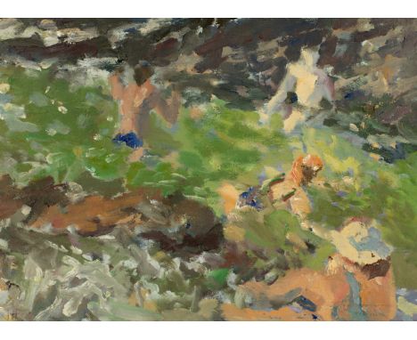 John Harvey (British, b.1935), Oil Sketch, Summer Bathers, West Cornwall, oil on board, signed with initials lower left and s