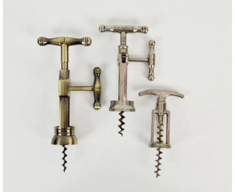 A J B Modele French steel corkscrew with side and top wind, together with a modern rack and pinion corkscrew; and another. (3