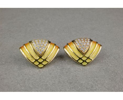 A pair of 18ct gold, diamond and enamel ear clips, in the manner of Leo de Vroomen, each fan-shaped plaque with a pavé diamon