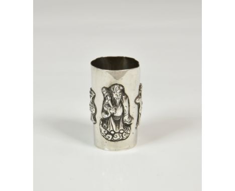 A Chinese silver toothpick holder, cylindrical form with applied decoration depicting Chinese Deities / Immortals, character 