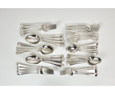 A harlequin suite of silver Hanoverian rat tail pattern flatware, twelve settings, mostly by Cooper Brothers Ltd., Sheffield 