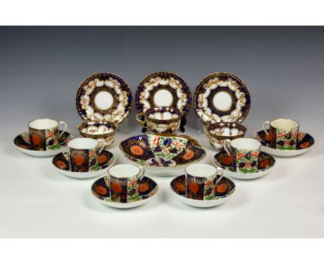 A Coalport porcelain part coffee serviceearly 19th century, painted in the Imari 'crab claw' pattern, comprising a lobed dish