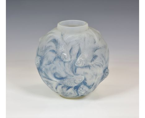 Rene Lalique - an Art Deco period opalescent relief moulded blue tinted "Formose" vase, model number 934, circa 1924, of foot